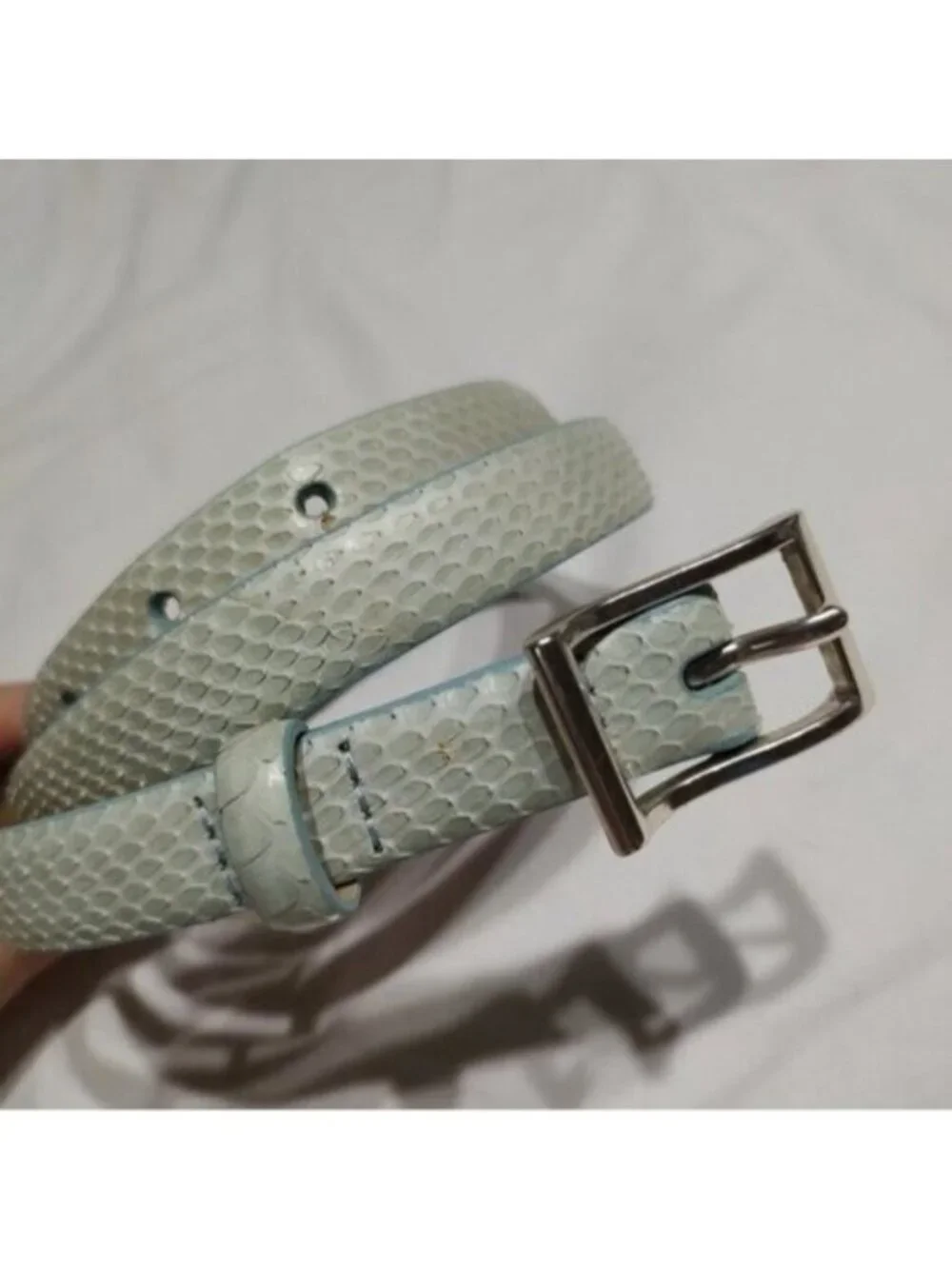 DKNY Light Blue Snakeskin Leather Skinny Belt L
